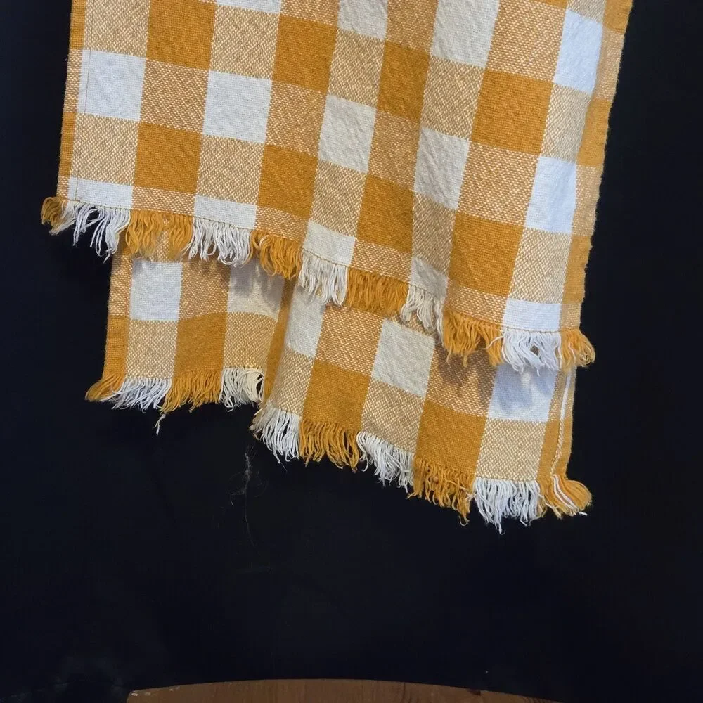 Long Mustard Yellow White Checked Cotton Fringed Table Runner Country Farmhouse